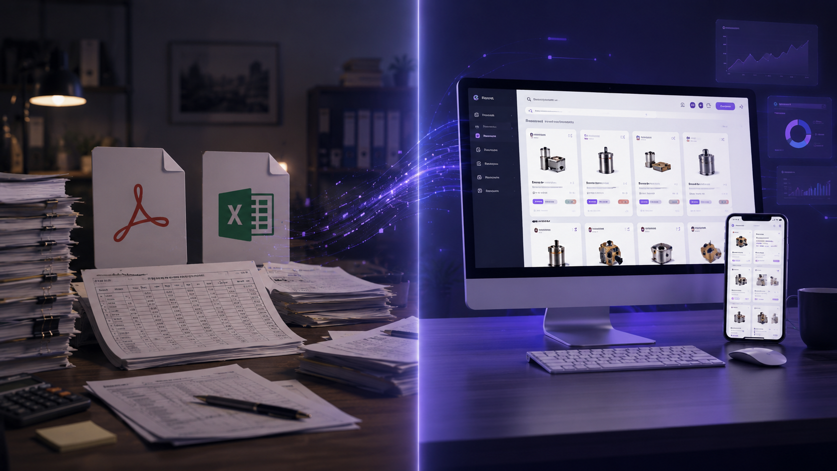 تصویر مقایسه فایل‌های PDF و Excel پراکنده با یک لیست قیمت آنلاین حرفه‌ای روی موبایل و دسکتاپ